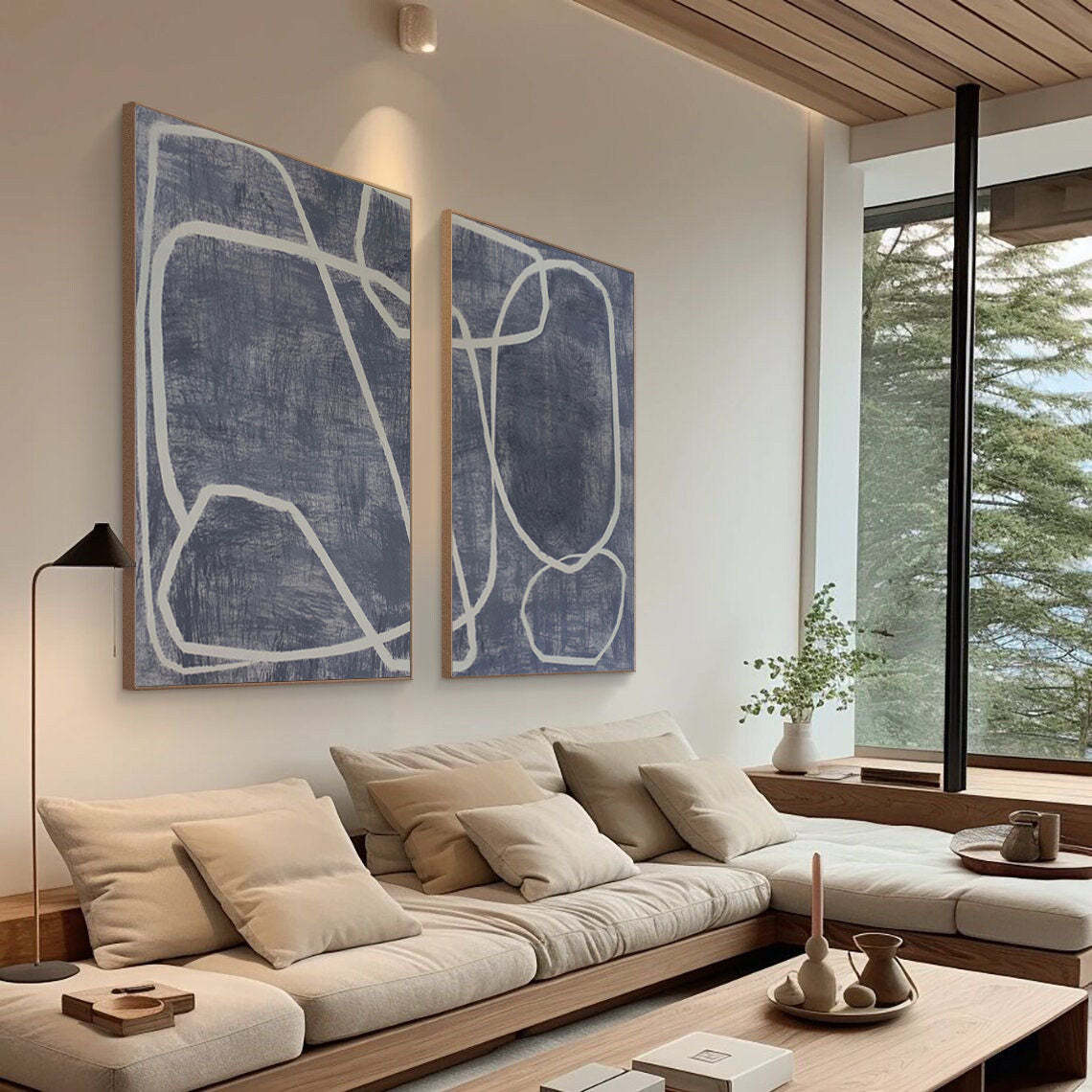Abstract Dual Canvas Dynamic Geometric Linework Wall Art Set of 2