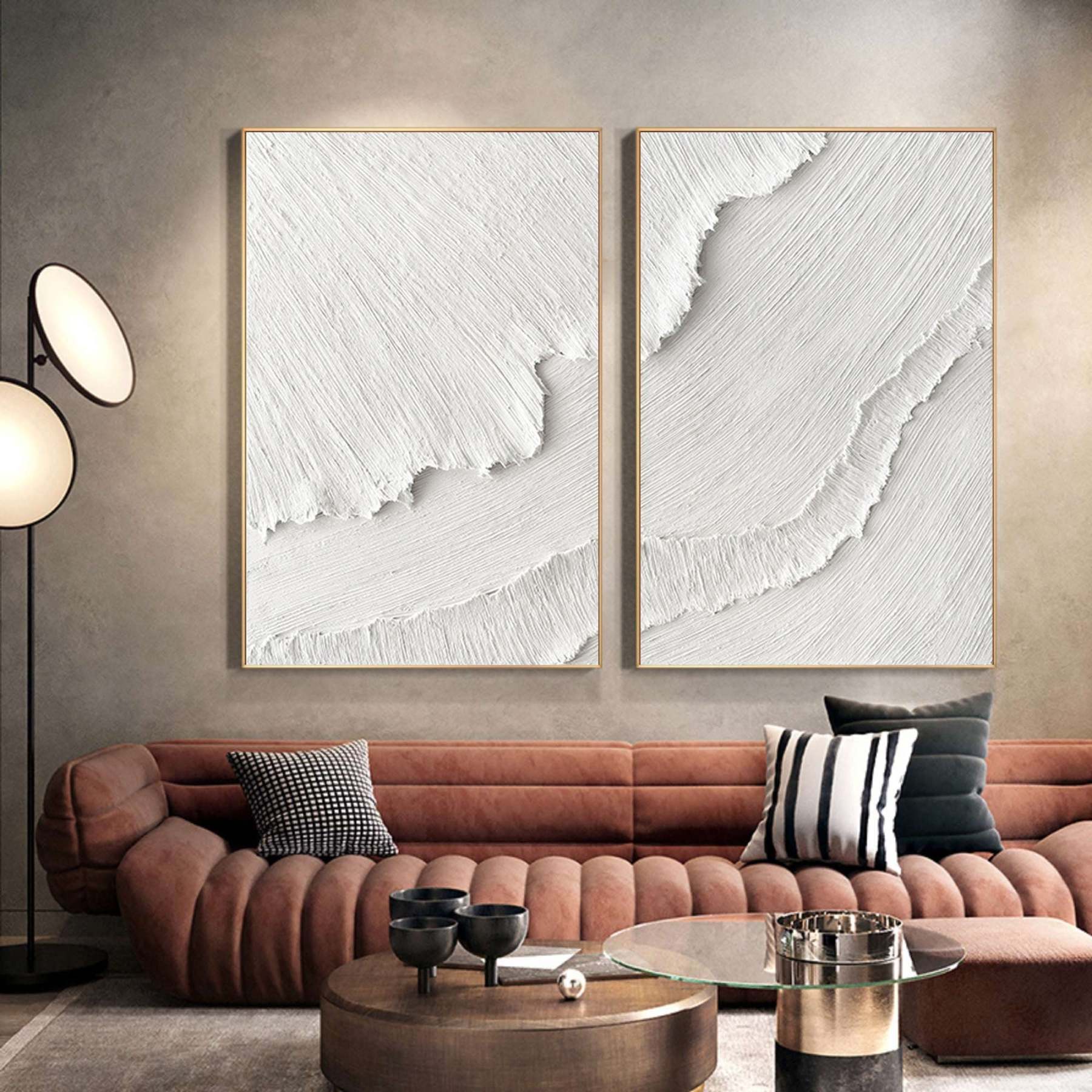 White Plaster 3D Textured Minimalist Abstract Canvas Set of 2