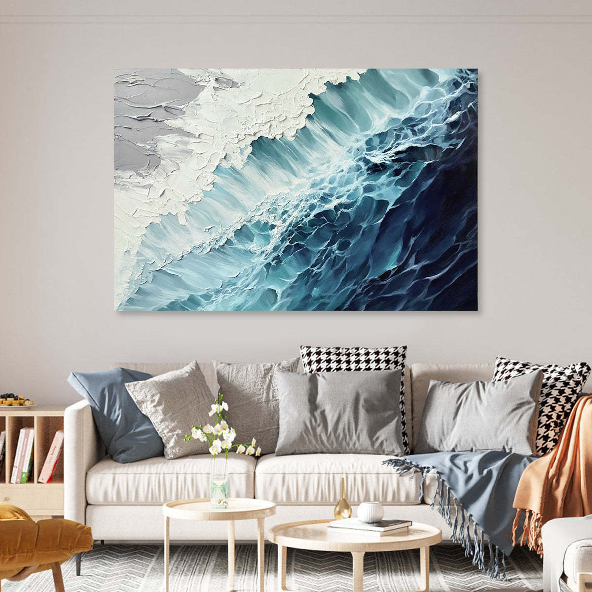 Ocean’s Embrace 3D Deep Blue Wave Abstract Wall Art