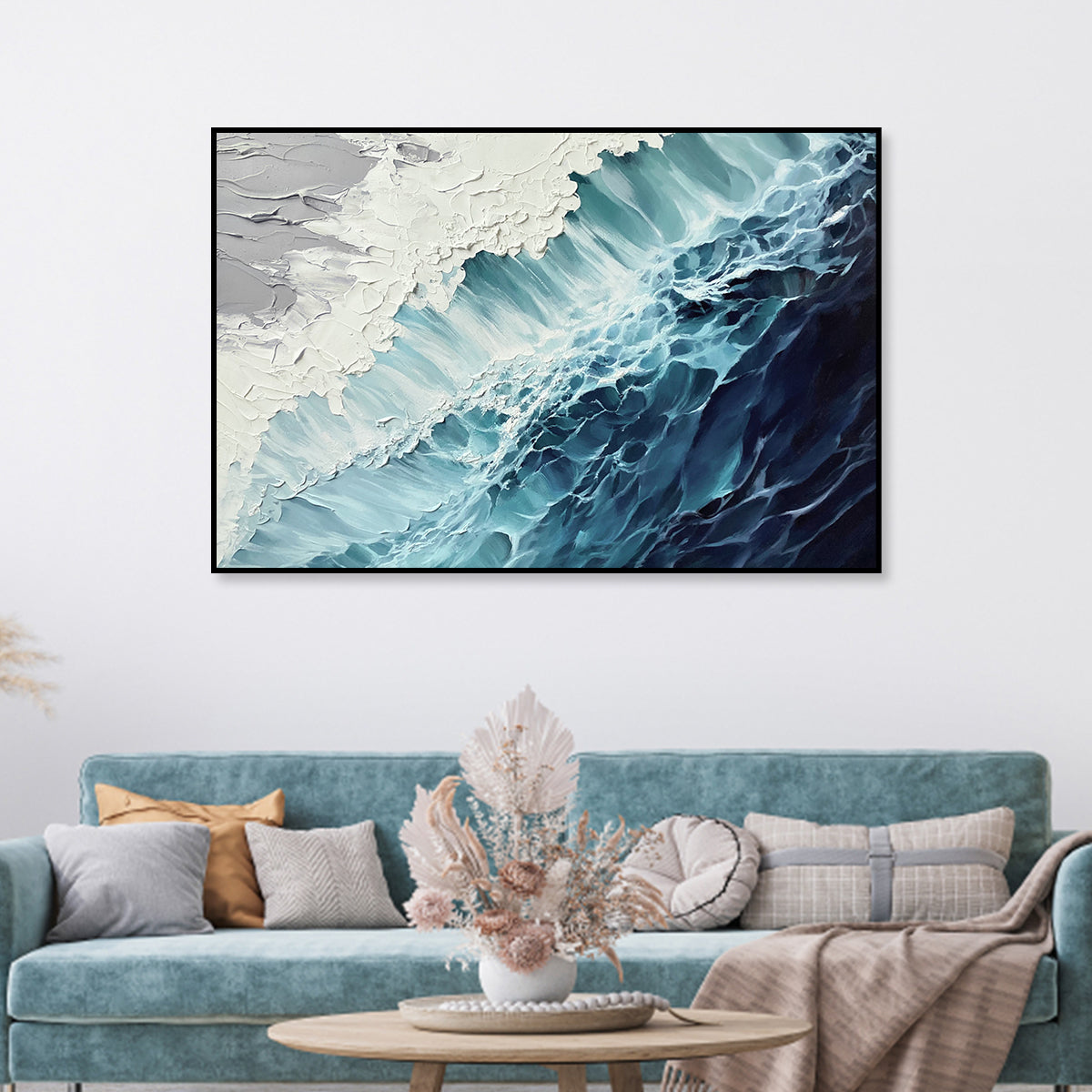 Ocean’s Embrace 3D Deep Blue Wave Abstract Wall Art