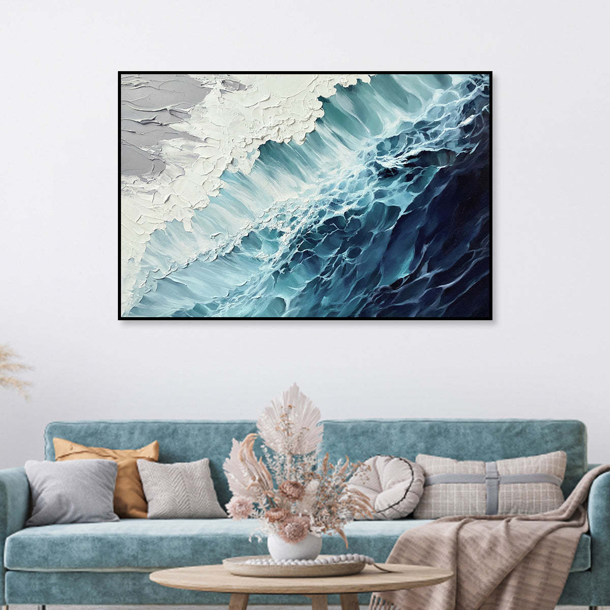 Ocean’s Embrace 3D Deep Blue Wave Abstract Wall Art