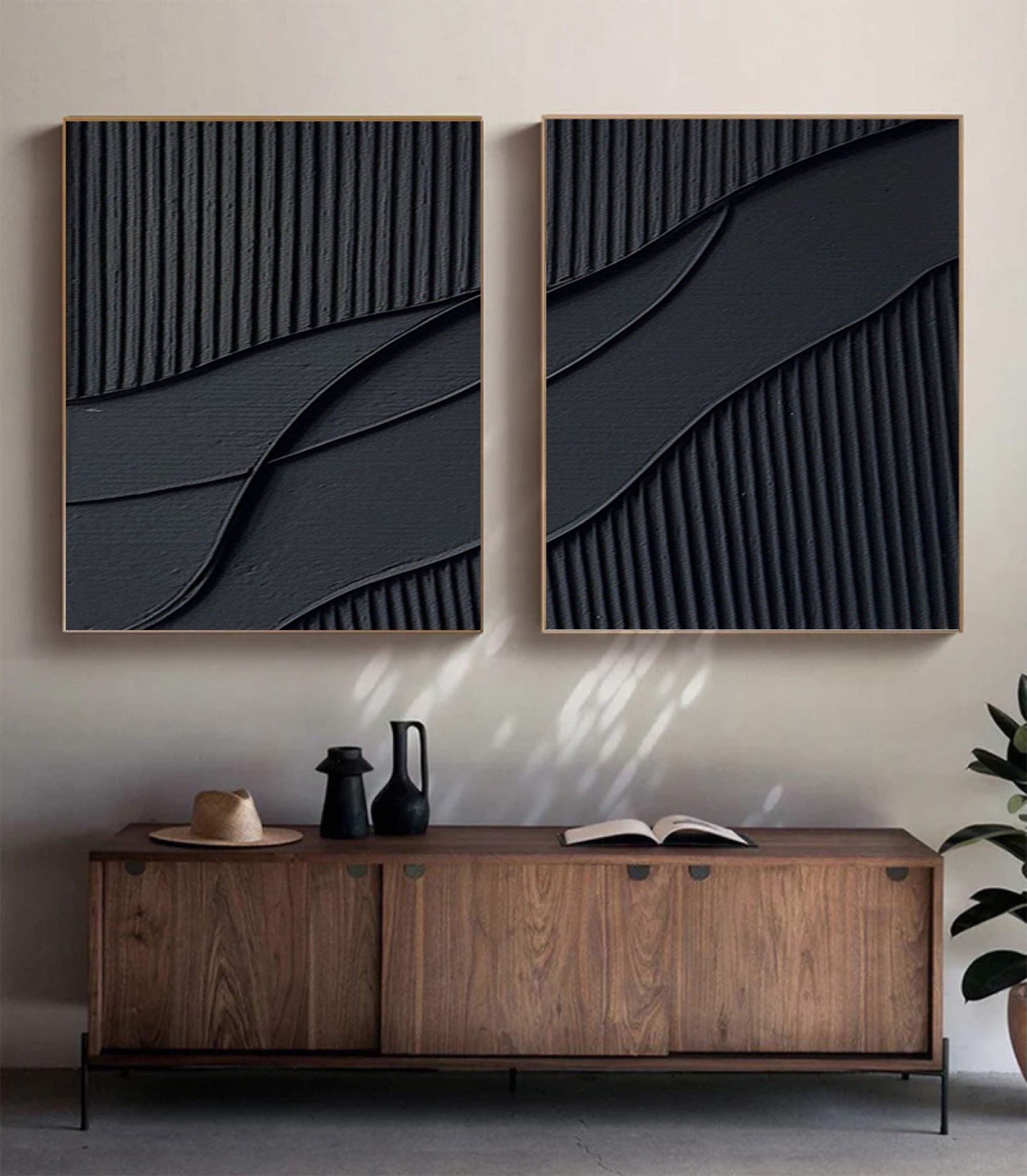  Abstract Painting Set of 2 Black Texture Wall Art