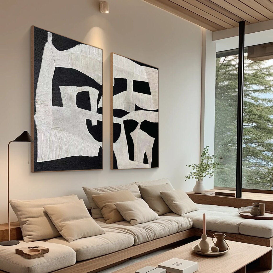 Modern Black and White Abstract Textured Canvas Wall Art Set of 2