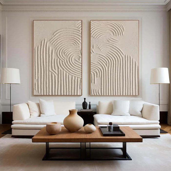 Textured Symphony Diptych Set of 2 Beige 3D Geometric Relief Wall Art