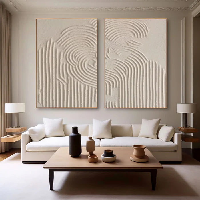 Textured Symphony Diptych Set of 2 Beige 3D Geometric Relief Wall Art