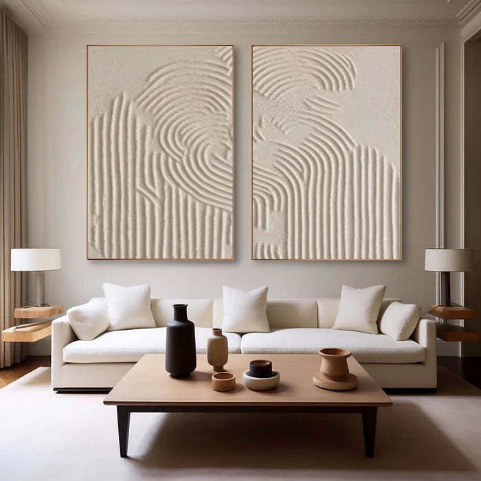 Textured Symphony Diptych Set of 2 Beige 3D Geometric Relief Wall Art