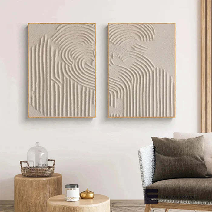 Textured Symphony Diptych Set of 2 Beige 3D Geometric Relief Wall Art