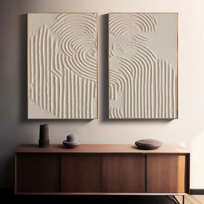 Textured Symphony Diptych Set of 2 Beige 3D Geometric Relief Wall Art