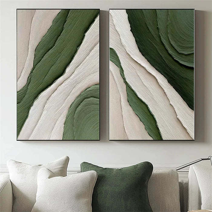 Green and white textured oil painting set 2 paintings