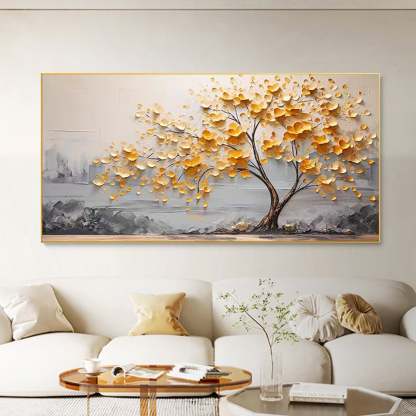 Golden Bloom Tree Painting Gold Flower Tree Texture Abstract Wall Art