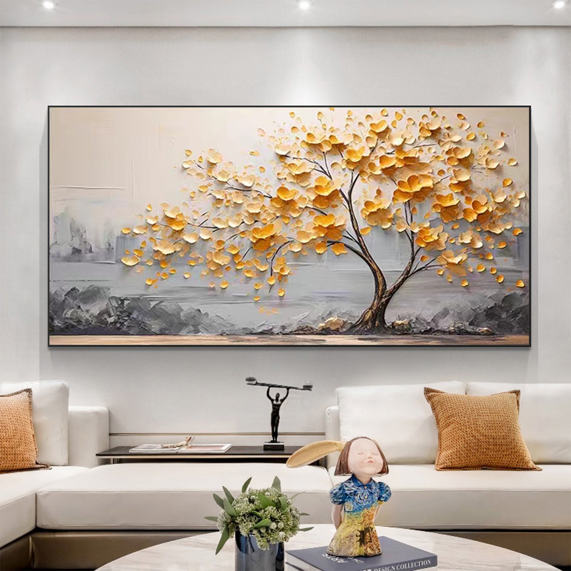 Golden Bloom Tree Painting Gold Flower Tree Texture Abstract Wall Art
