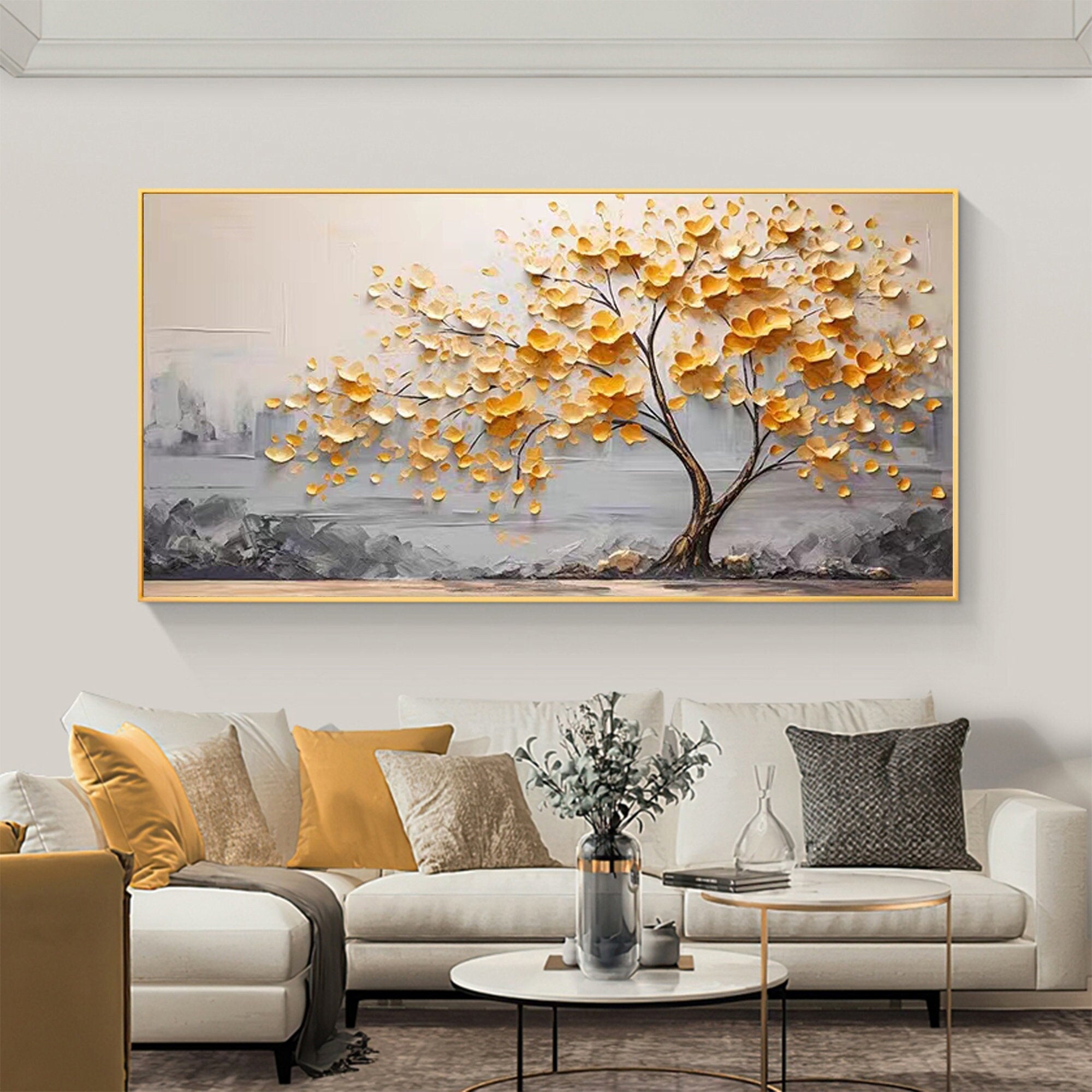 Golden Bloom Tree Painting Gold Flower Tree Texture Abstract Wall Art