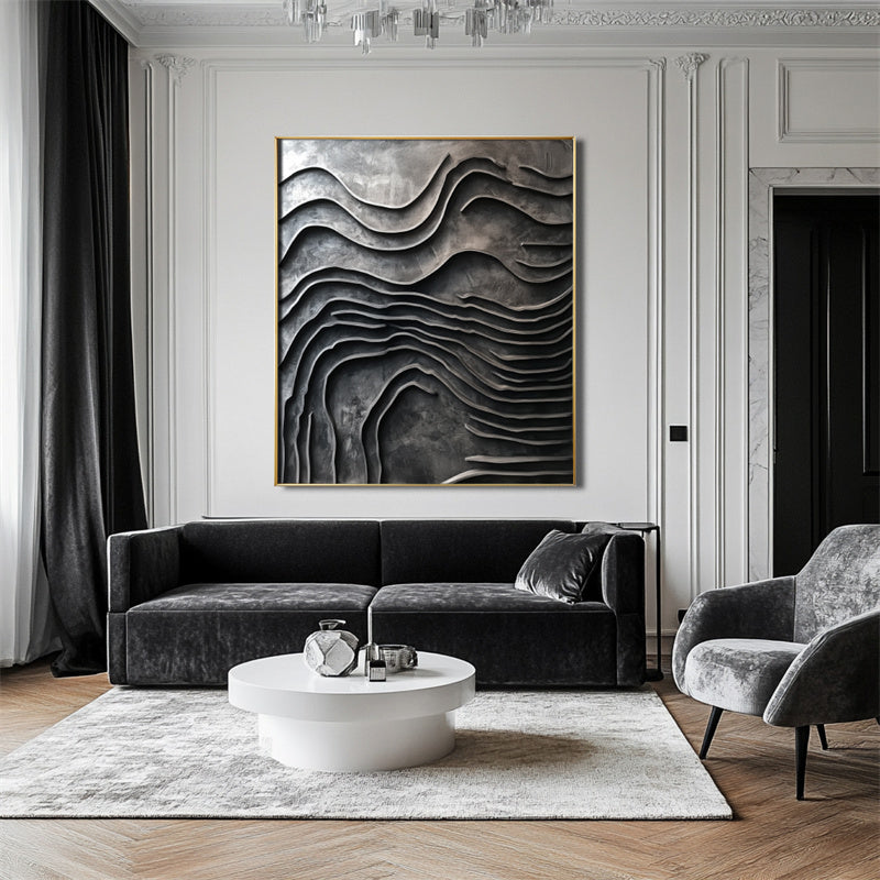 Erosion of Time Deep Grey Wave Textured Abstract Wall Art