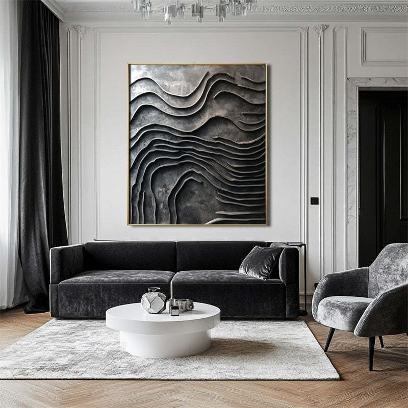 Erosion of Time Deep Grey Wave Textured Abstract Wall Art