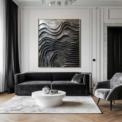 Erosion of Time Deep Grey Wave Textured Abstract Wall Art