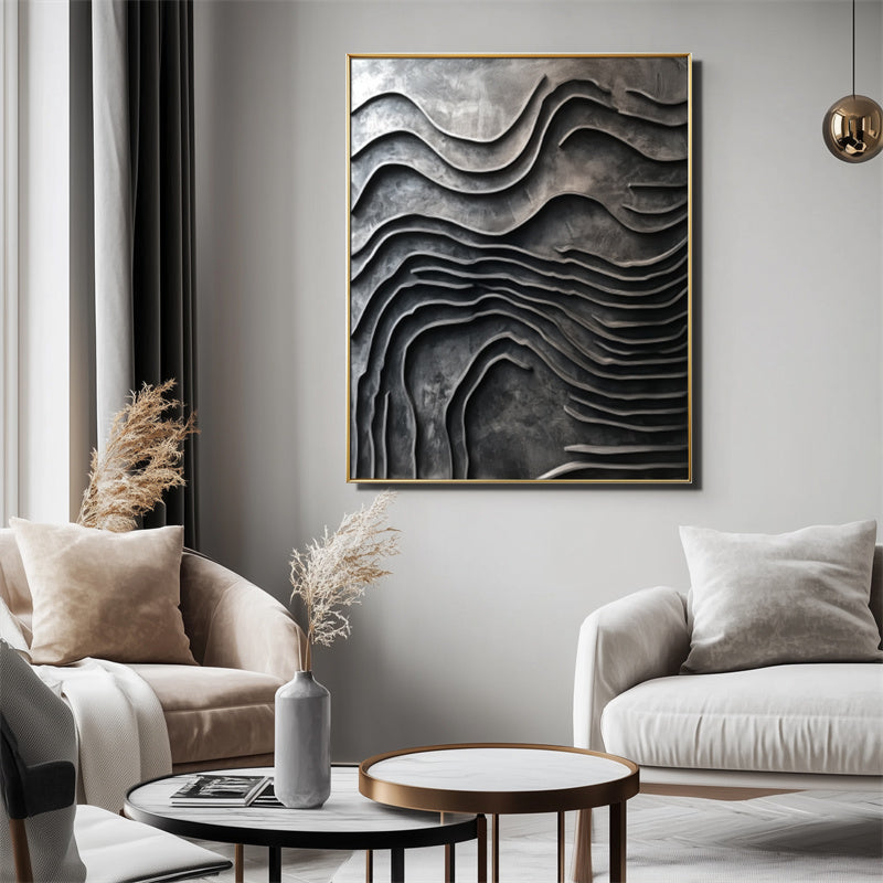 Erosion of Time Deep Grey Wave Textured Abstract Wall Art