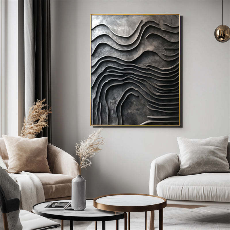 Erosion of Time Deep Grey Wave Textured Abstract Wall Art
