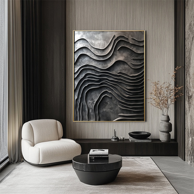 Erosion of Time Deep Grey Wave Textured Abstract Wall Art