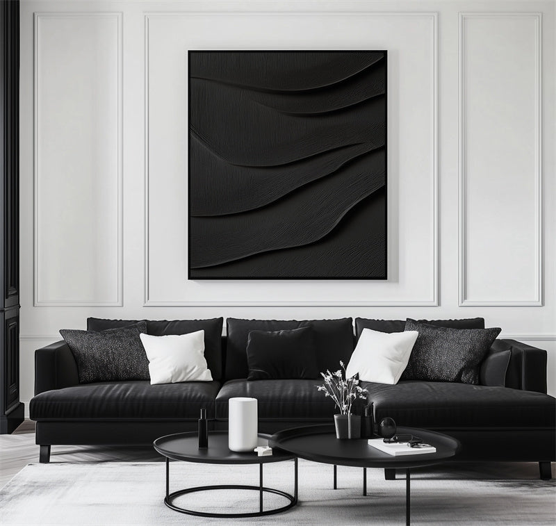 3D Black Textured Minimalist Abstract Wave Design Wall Art