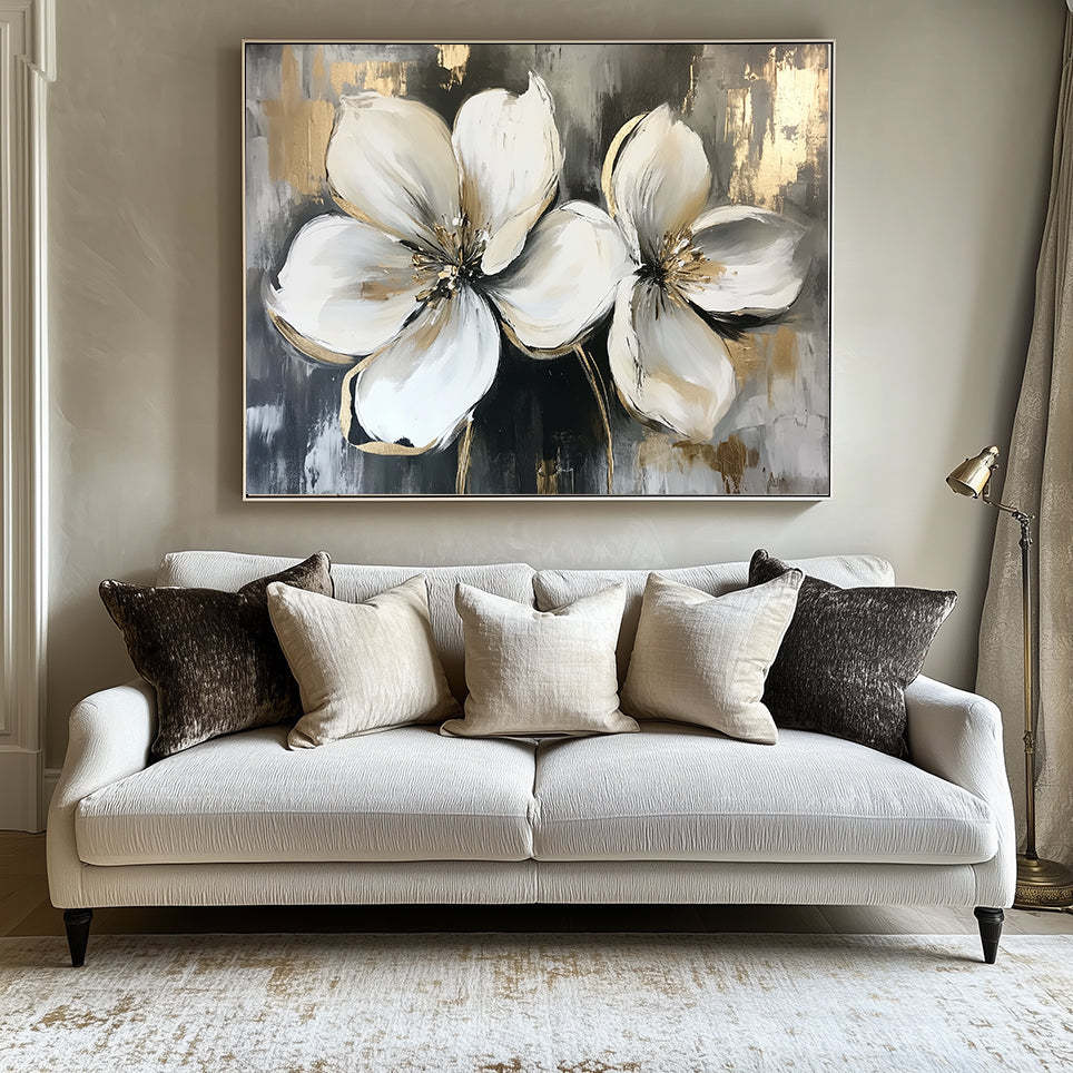 Radiance of Twin Blooms 3D Platinum Flower Texture Wall Art Decoration