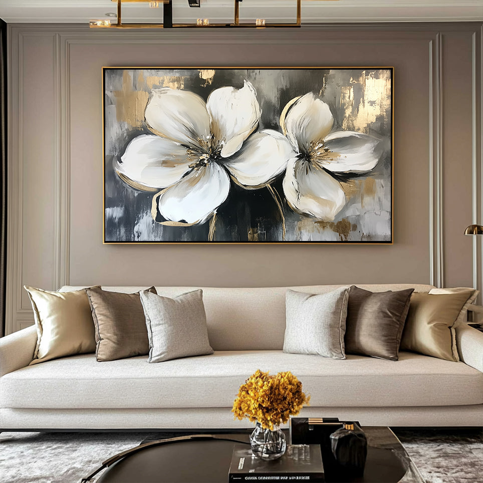 Radiance of Twin Blooms 3D Platinum Flower Texture Wall Art Decoration