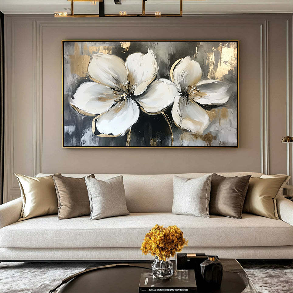 Radiance of Twin Blooms 3D Platinum Flower Texture Wall Art Decoration