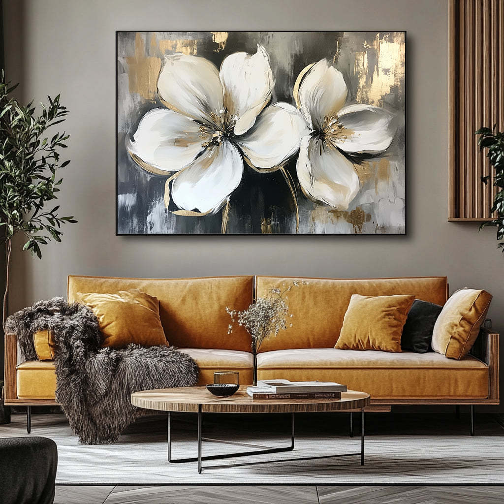 Radiance of Twin Blooms 3D Platinum Flower Texture Wall Art Decoration