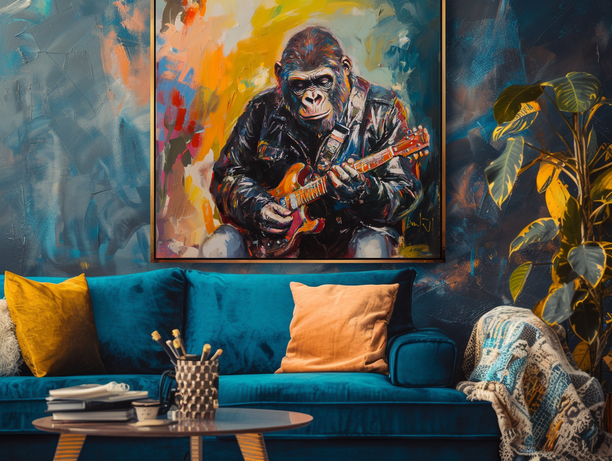 Rockstar Groove Gorilla Guitarist Abstract Color Oil Painting Wall Art