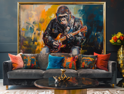 Rockstar Groove Gorilla Guitarist Abstract Color Oil Painting Wall Art