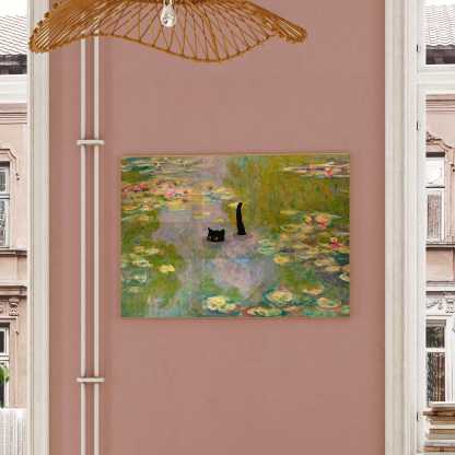 Cat Print Monet Waterlily Funny Gift Poster Black Cat Swimming Wall Art Home Decor