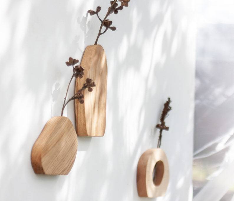 Ensemble de vases muraux - Vase géométrique - Ensemble de vases en bois de chêne - Vase à fleurs sèches - Vase bourgeons modernes - Vase minimaliste - Vase suspendu - Vase ondulé