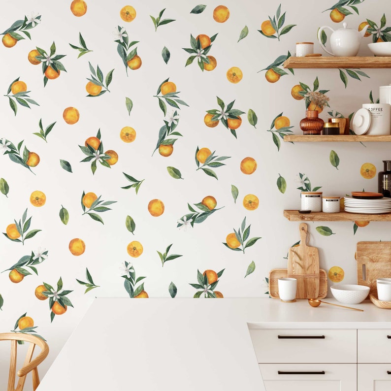 Removable Wall Decals - Set of Tangerines and Leaves decals. Oranges, citrus fruit.