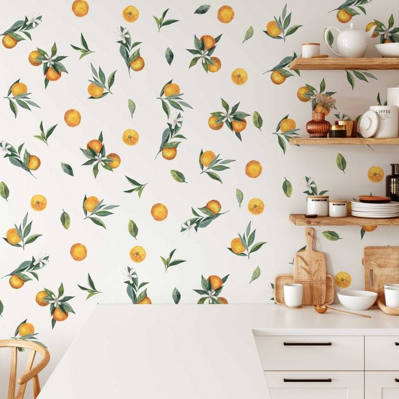 Removable Wall Decals - Set of Tangerines and Leaves decals. Oranges, citrus fruit.