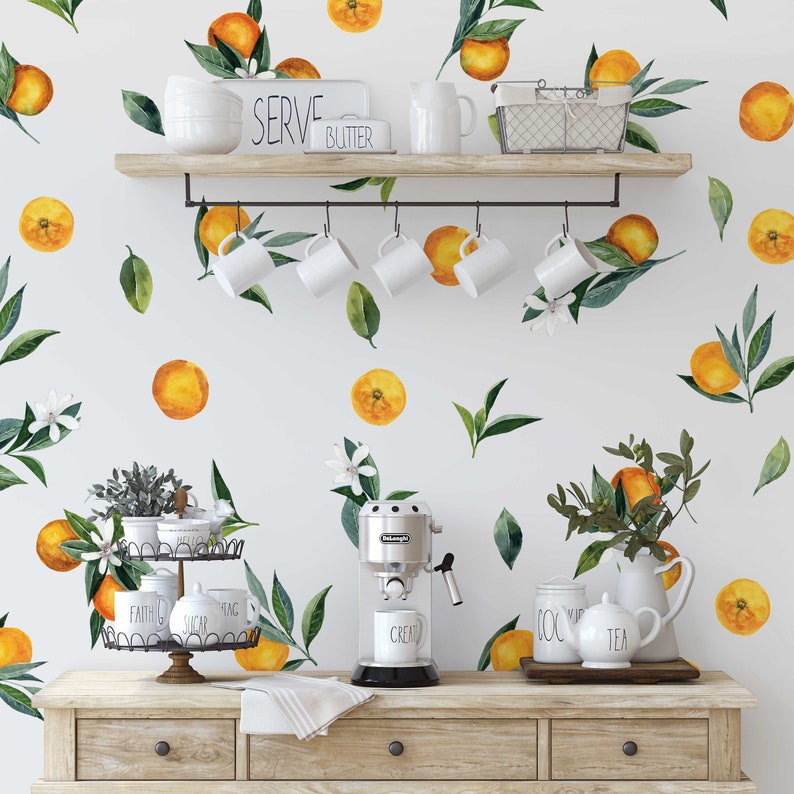 Removable Wall Decals - Set of Tangerines and Leaves decals. Oranges, citrus fruit.