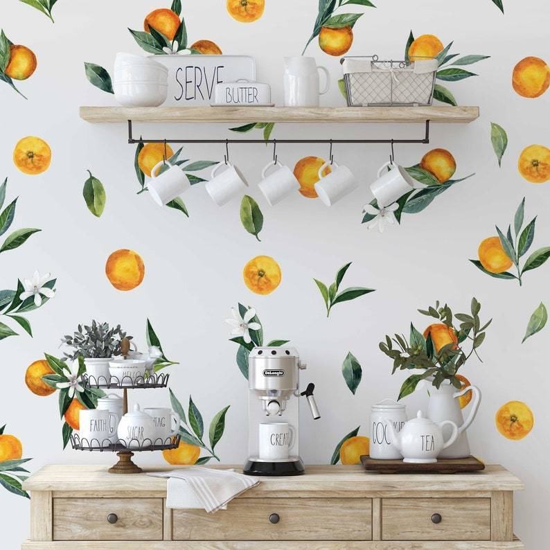 Removable Wall Decals - Set of Tangerines and Leaves decals. Oranges, citrus fruit.