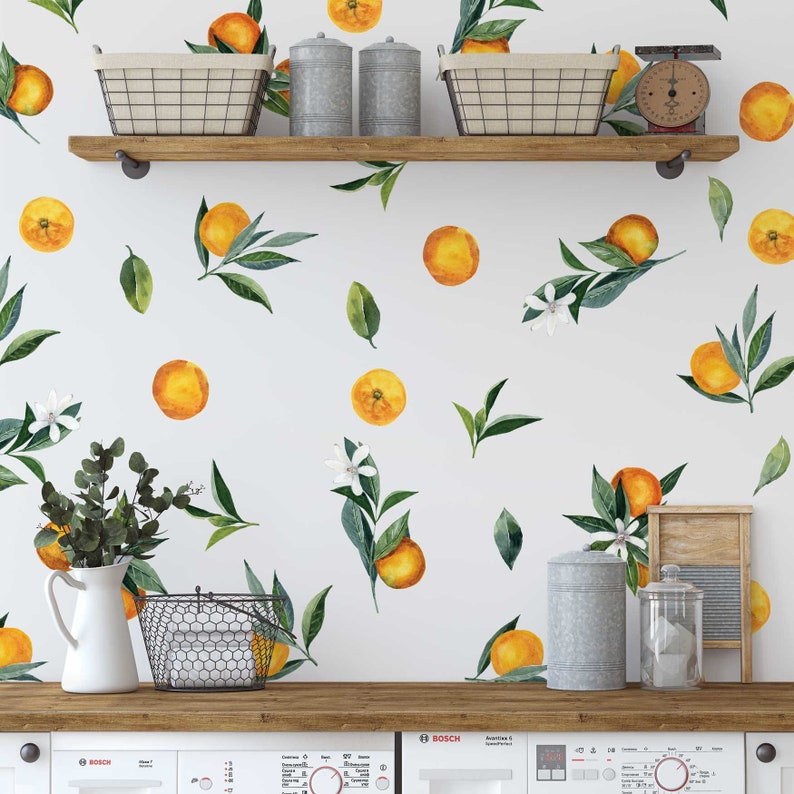 Removable Wall Decals - Set of Tangerines and Leaves decals. Oranges, citrus fruit.