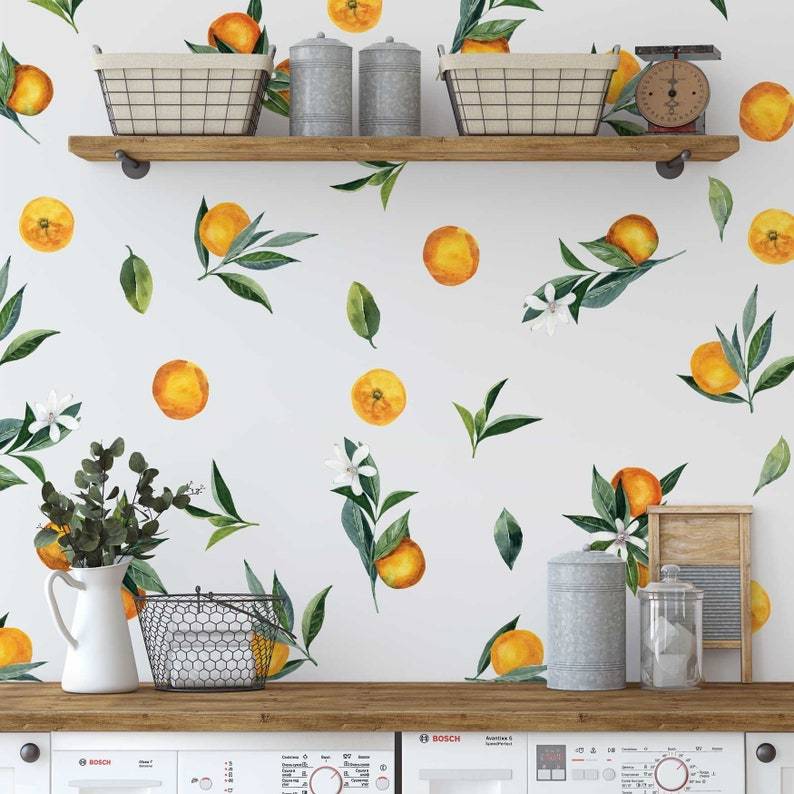 Removable Wall Decals - Set of Tangerines and Leaves decals. Oranges, citrus fruit.