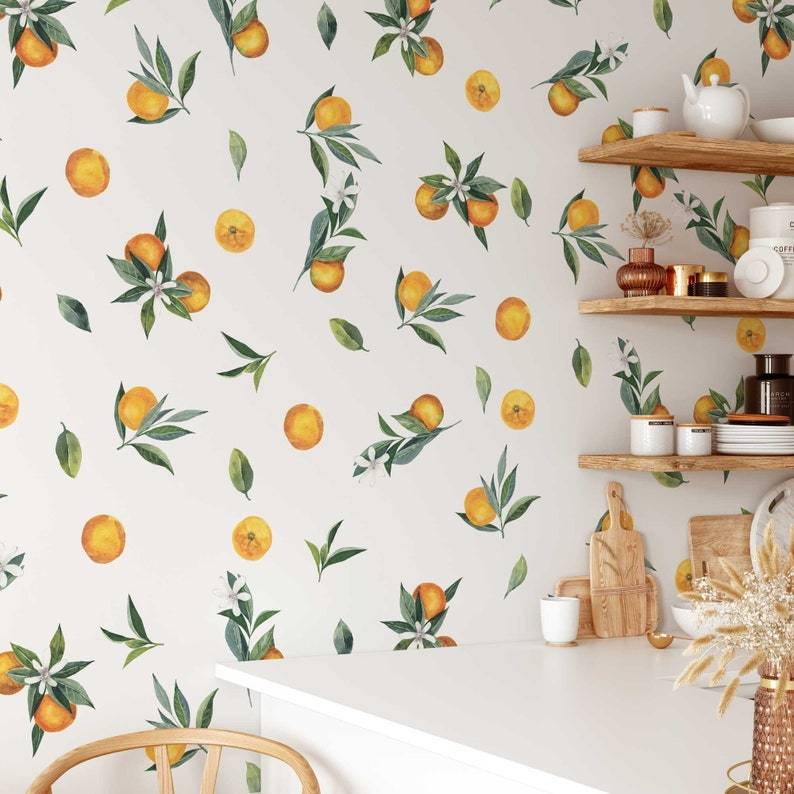 Removable Wall Decals - Set of Tangerines and Leaves decals. Oranges, citrus fruit.