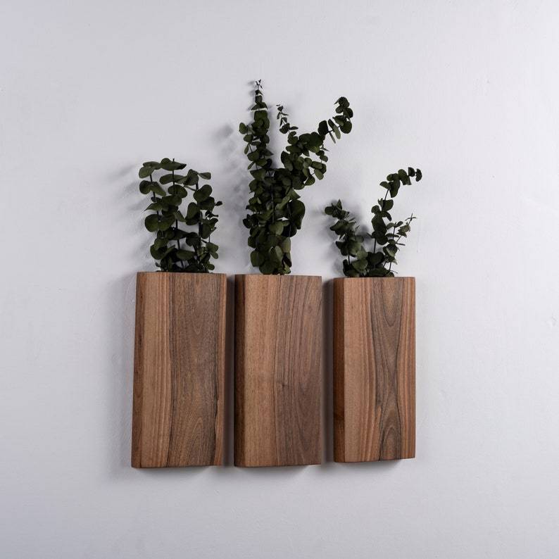 Wood Wall Pocket, Wooden Wall Vase, Faux Walnut Flower Holder, Walnut Wall Decor, Walnut Wood Wall Pocket, Wood Hanging Vase , Wall hanging