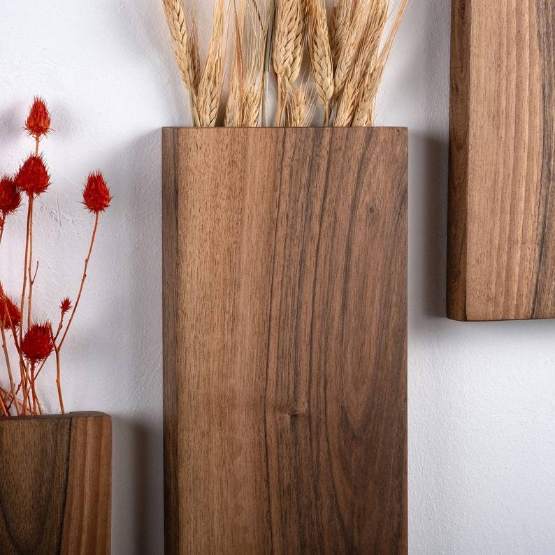 Wood Wall Pocket, Wooden Wall Vase, Faux Walnut Flower Holder, Walnut Wall Decor, Walnut Wood Wall Pocket, Wood Hanging Vase , Wall hanging
