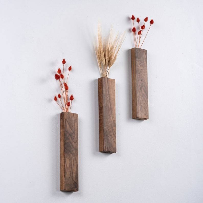 Wood Wall Pocket, Wooden Wall Vase, Faux Walnut Flower Holder, Walnut Wall Decor, Walnut Wood Wall Pocket, Wood Hanging Vase , Wall hanging