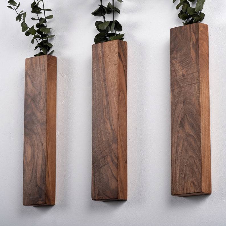 Wood Wall Pocket, Wooden Wall Vase, Faux Walnut Flower Holder, Walnut Wall Decor, Walnut Wood Wall Pocket, Wood Hanging Vase , Wall hanging