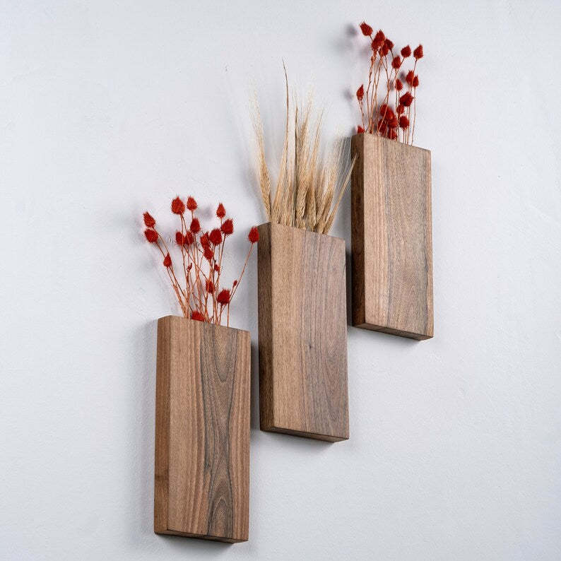 Wood Wall Pocket, Wooden Wall Vase, Faux Walnut Flower Holder, Walnut Wall Decor, Walnut Wood Wall Pocket, Wood Hanging Vase , Wall hanging