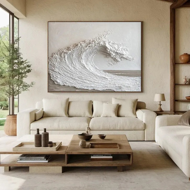 Textured White Ocean Wave Minimalist 3D Wave Scroll Oil Painting
