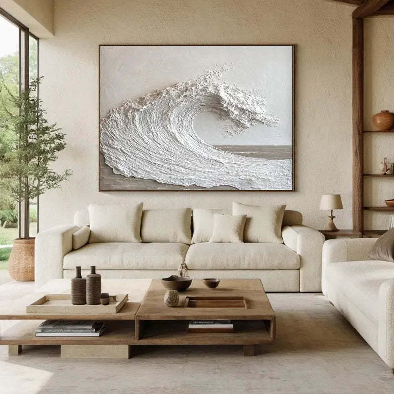 Textured White Ocean Wave Minimalist 3D Wave Scroll Oil Painting