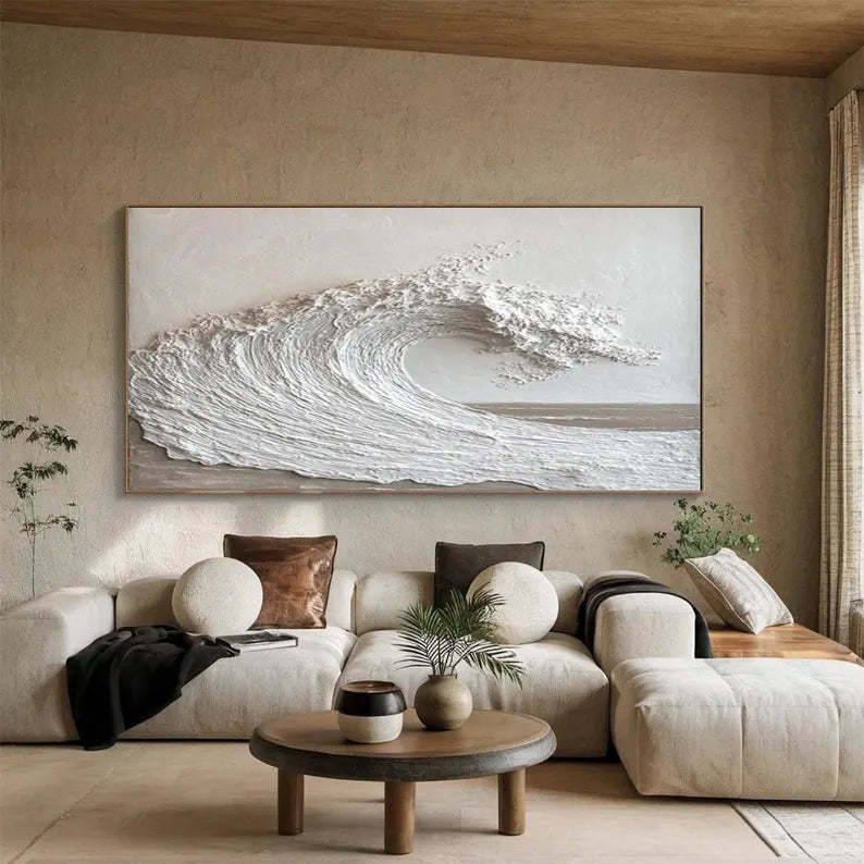 Textured White Ocean Wave Minimalist 3D Wave Scroll Oil Painting