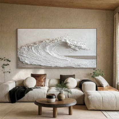 Textured White Ocean Wave Minimalist 3D Wave Scroll Oil Painting