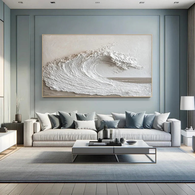 Textured White Ocean Wave Minimalist 3D Wave Scroll Oil Painting