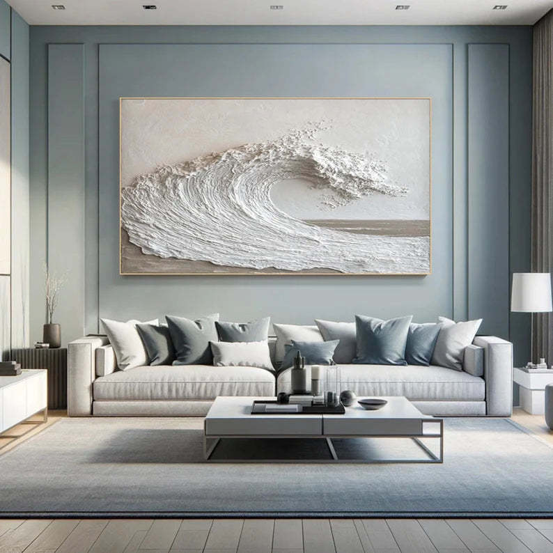 Textured White Ocean Wave Minimalist 3D Wave Scroll Oil Painting