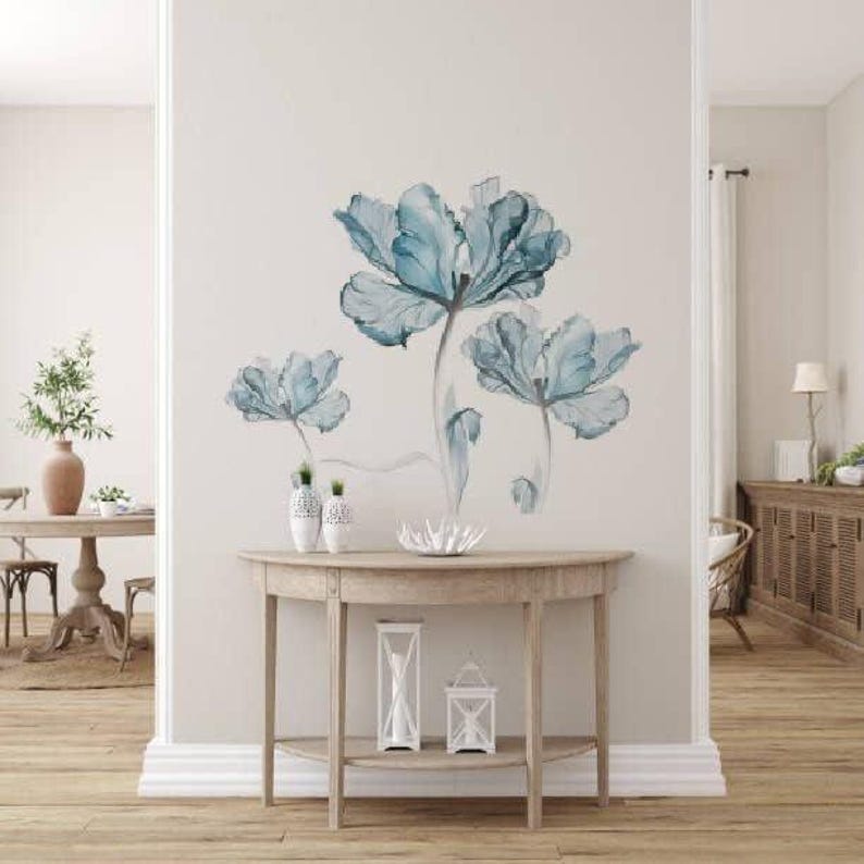 Blue Flower Wall Stickers, Removable Plant and Floral Decor